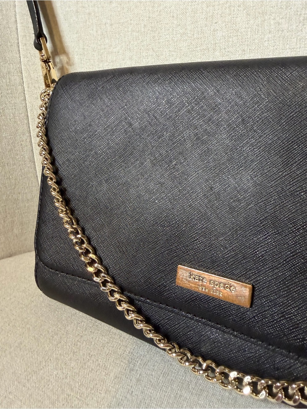 kate spade Black Saffiano Shoulder Bag with Gold Chain